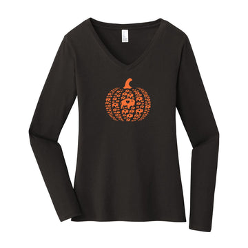 Ladies Multi Pumpkin V Neck Long Sleeve