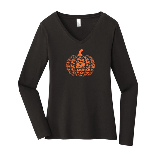 Ladies Multi Pumpkin V Neck Long Sleeve
