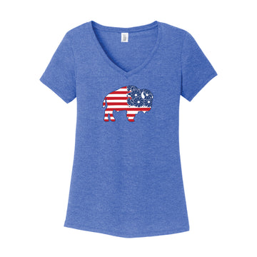 Ladies Floral Patriotic Buffalo V Neck